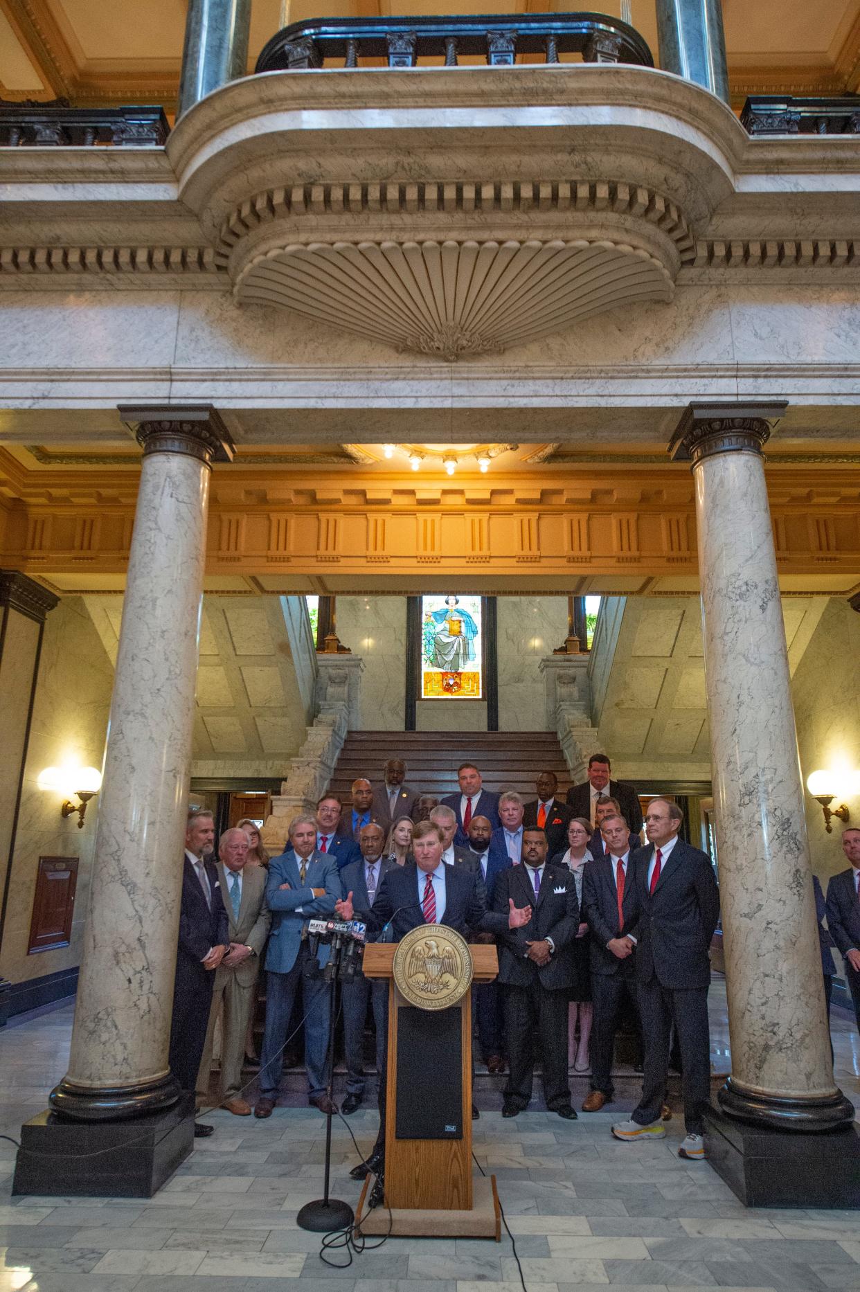 Gov. Tate Reeves talks about the teamwork between Democrats and Republicans after the Legislature passed bills that include incentives for a major economic development project in the Golden Triangle during the special session in Jackson on Wednesday, Nov. 2.