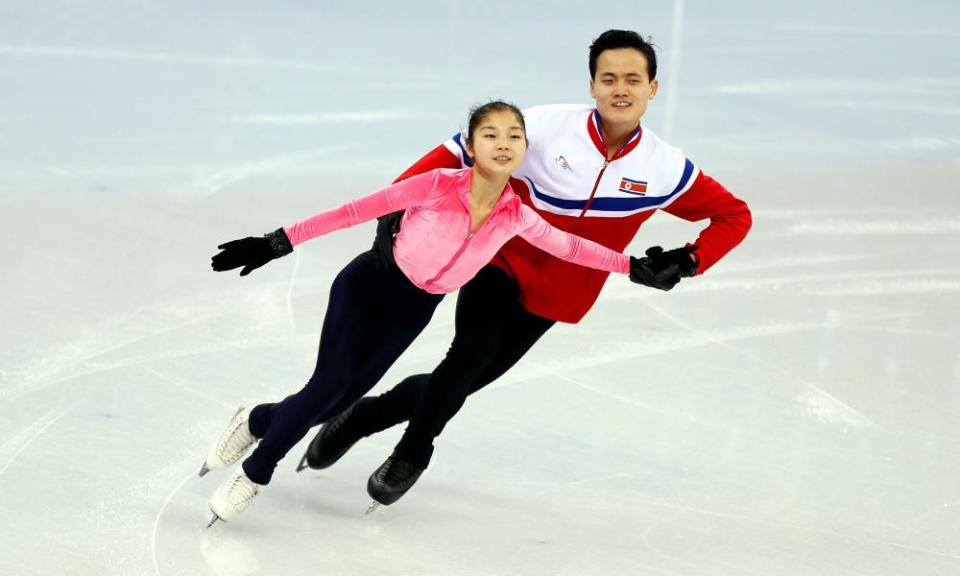 North Korean figure skater Ryom Tae-ok in training with her partner Kim Ju-sik. North and South Korea will march under one flag at the Games.
