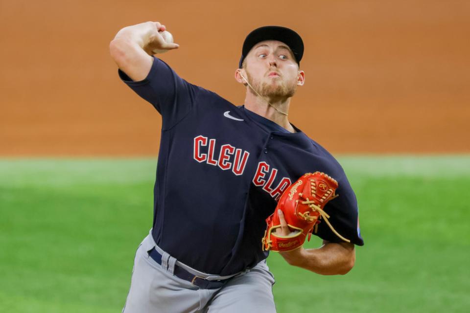 Cleveland Guardians' starting pitcher Tanner Bibee delivers during the sixth inning of a baseball game against the Texas Rangers, Sunday, July 16, 2023, in Arlington, Texas. (AP Photo/Gareth Patterson)