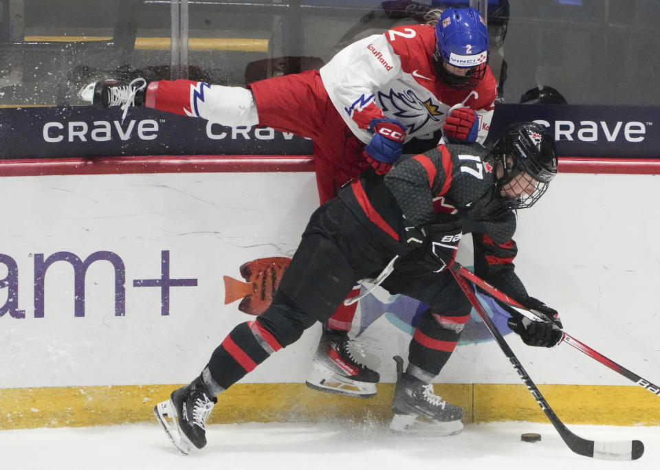 Czechia's Aneta Tejralova (2) and Canada's Ella Shelton (17) battle for the puck during the first period of a semifinal at the women's world hockey championships in Utica, N.Y., Saturday, April 13, 2024. (Christinne Muschi/The Canadian Press via AP)
