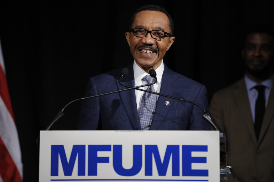 Democrat Kweisi Mfume reacts while speaking to reporters during an election night news conference after he won the 7th Congressional District special election, Tuesday, April 28, 2020, in Baltimore. Mfume defeated Republican Kimberly Klacik to finish the term of the late Rep. Elijah Cummings, retaking a Maryland congressional seat Mfume held for five terms before leaving to lead the NAACP. All voters in the 7th Congressional District were strongly urged to vote by mail in an unprecedented election dramatically reshaped by the coronavirus pandemic. (AP Photo/Julio Cortez)