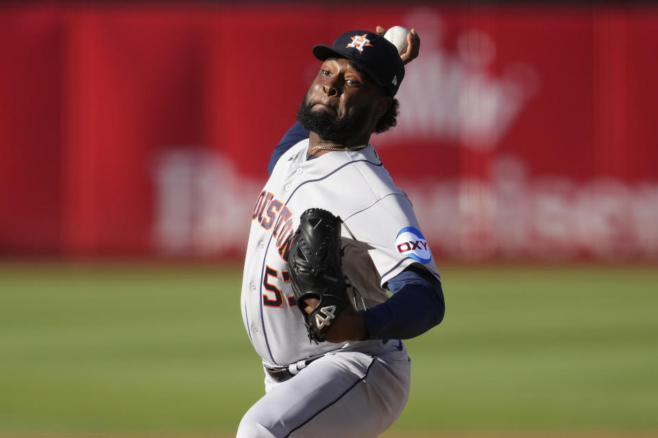 Houston Astros pitcher Cristian Javier works against the Oakland Athletics during the first inning of a baseball game in Oakland, Calif., Saturday, July 22, 2023. (AP Photo/Jeff Chiu)