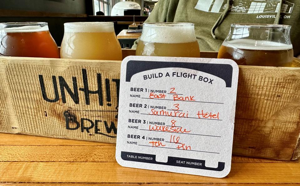 Flight box features four beer selections at UnHitched Brewing Company in Louisville.