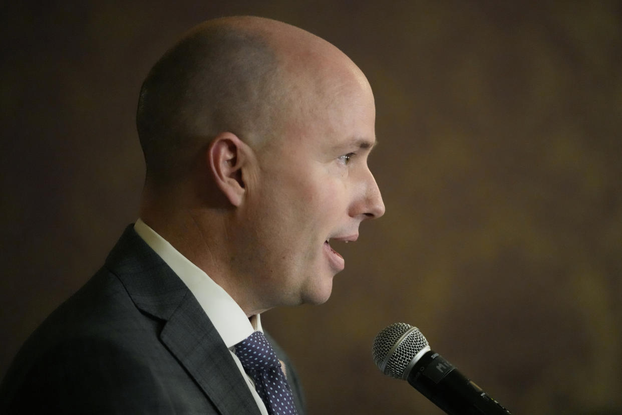 FILE - Utah Gov. Spencer Cox speaks during a news conference at the state Capitol on Friday, March 3, 2023, in Salt Lake City. Cox signed legislation on Wednesday, March 15 that will effectively ban clinics from providing abortions, setting off a rush of confusion among clinics, hospitals and prospective patients in the deeply Republican state. (AP Photo/Rick Bowmer, File)