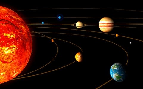 Artist's rendition shows the main bodies of the solar system, the Sun, Mercury, Venus, Earth, from left in foreground, Uranus, Neptune, Saturn, Jupiter and Mars, from left in background - Credit: AP