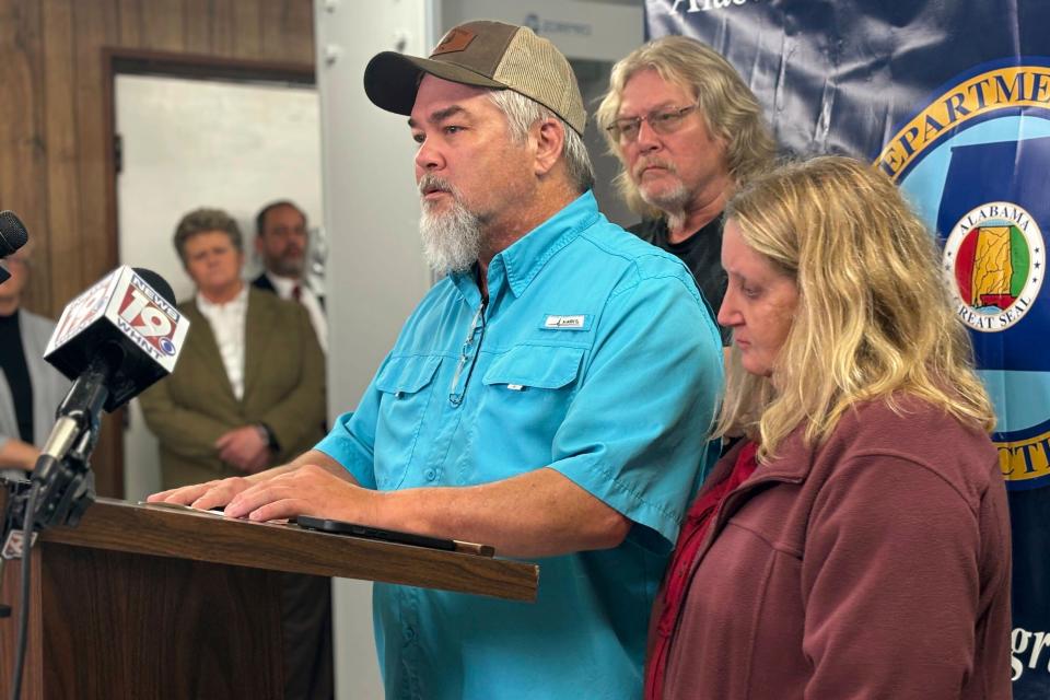 Mike Sennett, son of Elizabeth Sennett, and other family members speak after Kenneth Eugene Smith’s execution (AP)