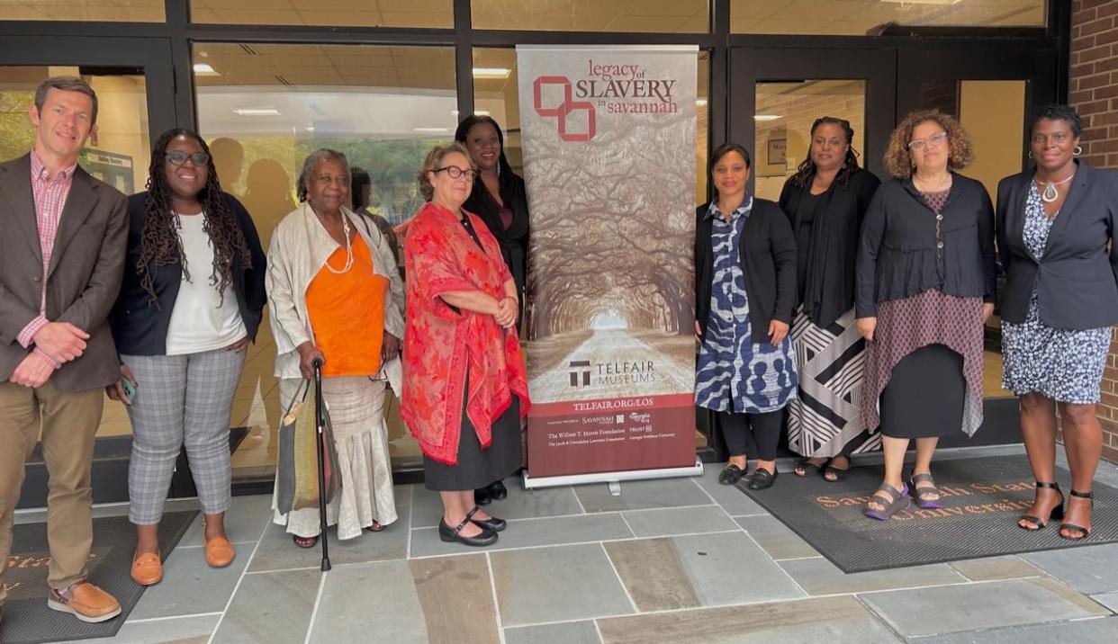 Scholars and panelists from Telfair Museums' Legacy of Slavery in Savannah Symposium pose outside of the Howard Jordan Building on the Savannah State University campus on Oct. 13, 2023