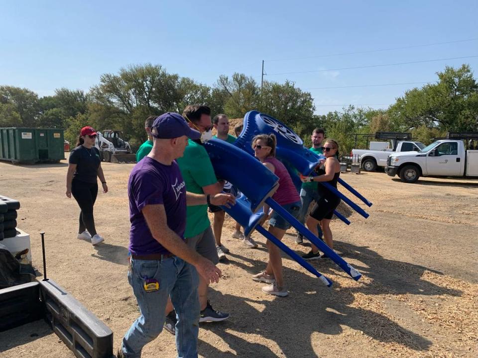 Volunteers helped to construct a new playground at Dillow Elementary school designed by students with parent and community input. The national nonprofit Kaboom helped facilitate the project.