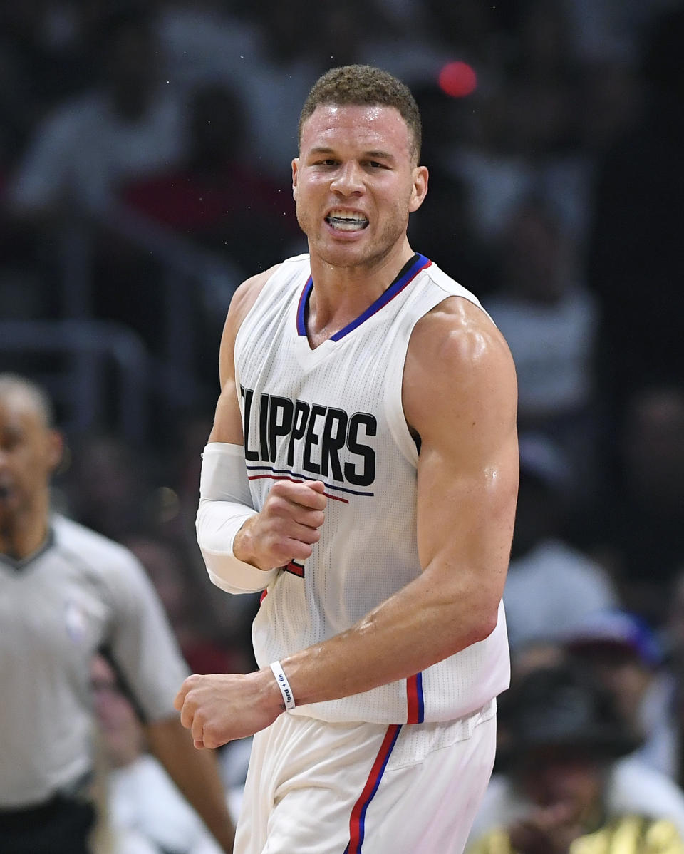 Los Angeles Clippers forward Blake Griffin reacts after scoring during the first half in Game 1 of an NBA basketball first-round playoff series against the Utah Jazz, Saturday, April 15, 2017, in Los Angeles. (AP Photo/Mark J. Terrill)