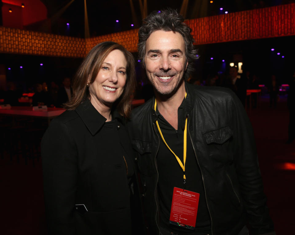 LOS ANGELES, CA - DECEMBER 09:  Producer Kathleen Kennedy (L) and Director Shawn Levy at the world premiere of Lucasfilm's Star Wars: The Last Jedi at The Shrine Auditorium on December 9, 2017 in Los Angeles, California.  (Photo by Jesse Grant/Getty Images for Disney)
