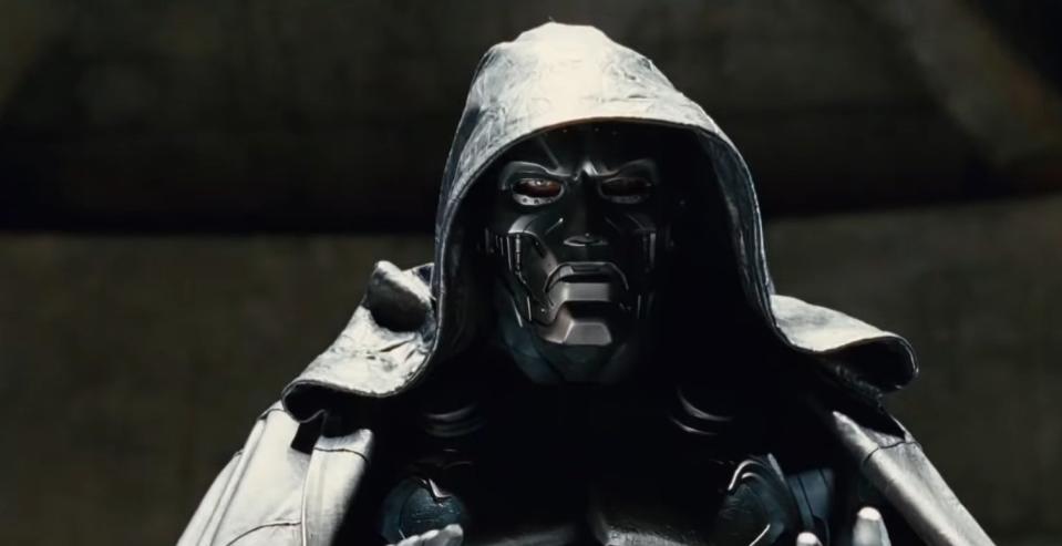 Doctor Doom wearing a silver suit and cloak in "Fantastic Four: Rise of the Silver Surfer"