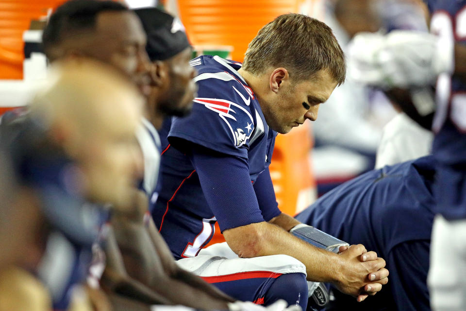 <p>Tom Brady #12 of the New England Patriots reacts on the bench during the second half against the Kansas City Chiefs at Gillette Stadium on September 7, 2017 in Foxboro, Massachusetts. (Photo by Maddie Meyer/Getty Images) </p>