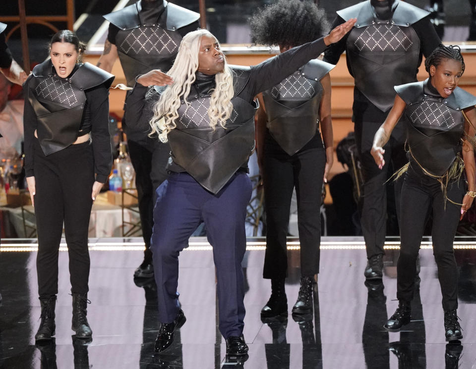 Host Kenan Thompson and dancers perform a tribute to 'House of the Dragon' at the 74th Primetime Emmy Awards on Monday, Sept. 12, 2022, at the Microsoft Theater in Los Angeles. (AP Photo/Mark Terrill)