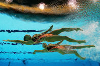 Olivia Federici and Jenna Randall of Great Britain compete in the Women's Duets Synchronised Swimming Technical Routine on Day 9 of the London 2012 Olympic Games at the Aquatics Centre on August 5, 2012 in London, England. (Photo by Clive Rose/Getty Images)