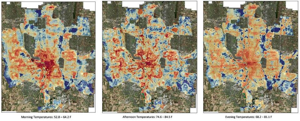 The results of a report on heat islands in Columbus. The areas marked in red recorded the highest temperatures.