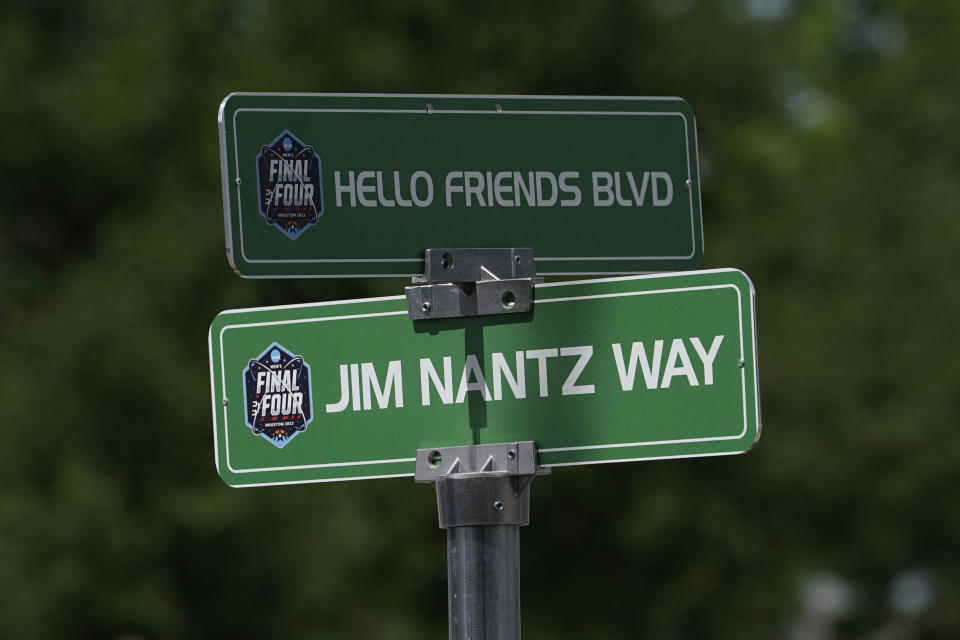 A Jim Nantz Way sign stands in front of NRG Stadium at the NCAA Tournament on Saturday, April 1, 2023, in Houston. (AP Photo/Godofredo A. Vasquez)