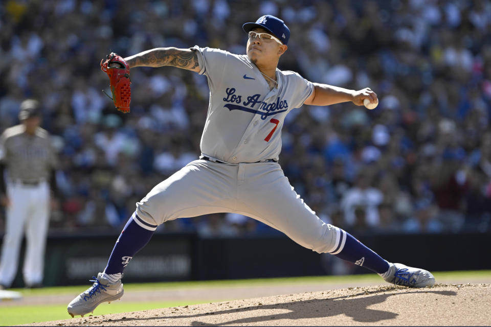 Los Angeles Dodgers starting pitcher Julio Urias throws to a San Diego Padres batter during the first inning of a baseball game in San Diego, Sunday, May 7, 2023. (AP Photo/Alex Gallardo)