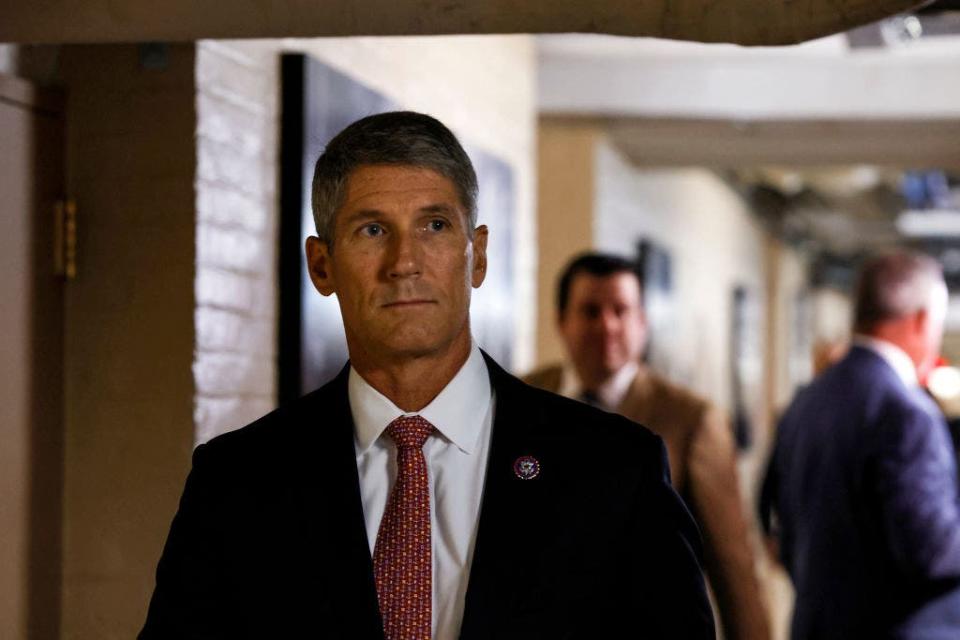 Rep. Scott Franklin arrives to a Republican caucus meeting at the U.S. Capitol Building on Sept. 13, 2023, in Washington, D.C.