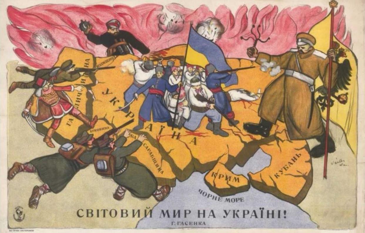<span class="caption">In this 1919 caricature, Ukrainians are surrounded by a Bolshevik (to the north, man with hat and red star), a Russian White Army soldier (to the east, with Russian eagle flag and a short whip), and to the west a Polish soldier, a Hungarian (in pink uniform) and two Romanian soldiers. </span> <span class="attribution"><span class="source">Wikimedia Commons</span></span>