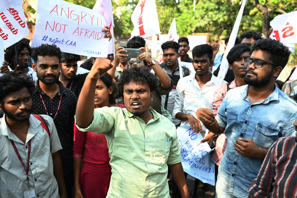 Members of the Students Federation of India (SFI) protest against the implementation of the  Citizenship Amendment Act (CAA) in Chennai, March 12, 2024. / Credit: R.SATISH BABU/AFP/Getty