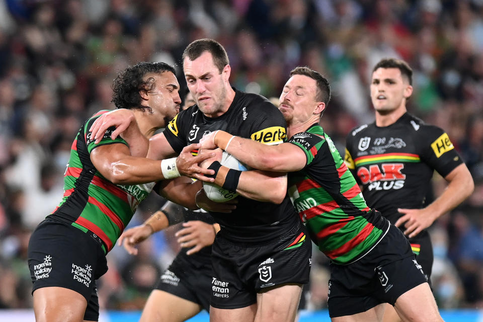 Isaah Yeo (pictured) is tackled during the 2021 NRL Grand Final match between the Penrith Panthers and the South Sydney Rabbitohs at Suncorp Stadium on October 03, 2021, in Brisbane, Australia.