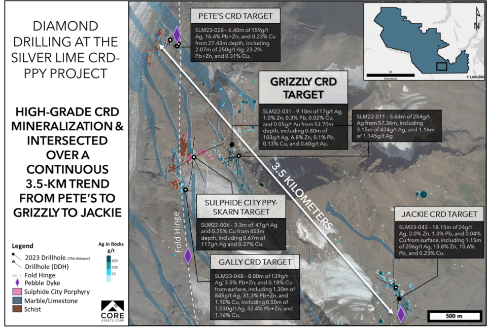 <strong>Figure 3: </strong>2023 Drill Highlights Plan Map of the Silver Lime CRD-Porphyry Project highlighting 2023 results from the Grizzly CRD Target. PPY = porphyry.