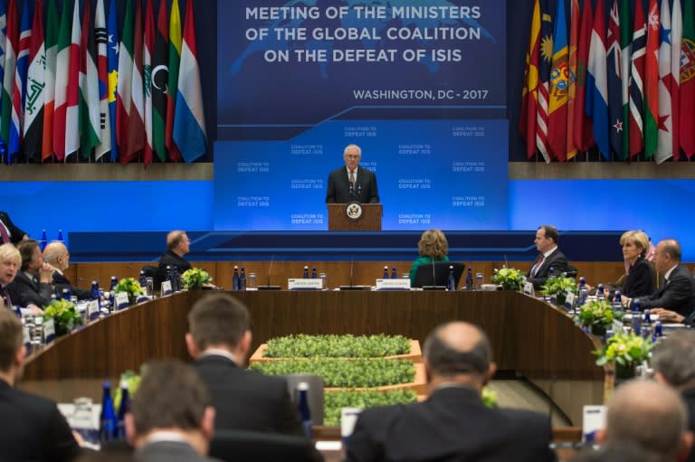 US Secretary of State Rex Tillerson speaks during the opening of a meeting of the coalition to defeat the Islamic State group at the State Department in Washington, DC, on March 22, 2017