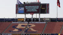 The Real Salt Lake scoreboard is shown after the scheduled game between Real Salt Lake and Los Angeles FC was postponed Wednesday, Aug. 26, 2020, in Sandy, Utah. Major League Soccer players boycotted five games Wednesday night in a collective statement against racial injustice. The players' action came after all three NBA playoff games were called off in a protest over the police shooting of Jacob Blake in Wisconsin on Sunday night. (AP Photo/Rick Bowmer)