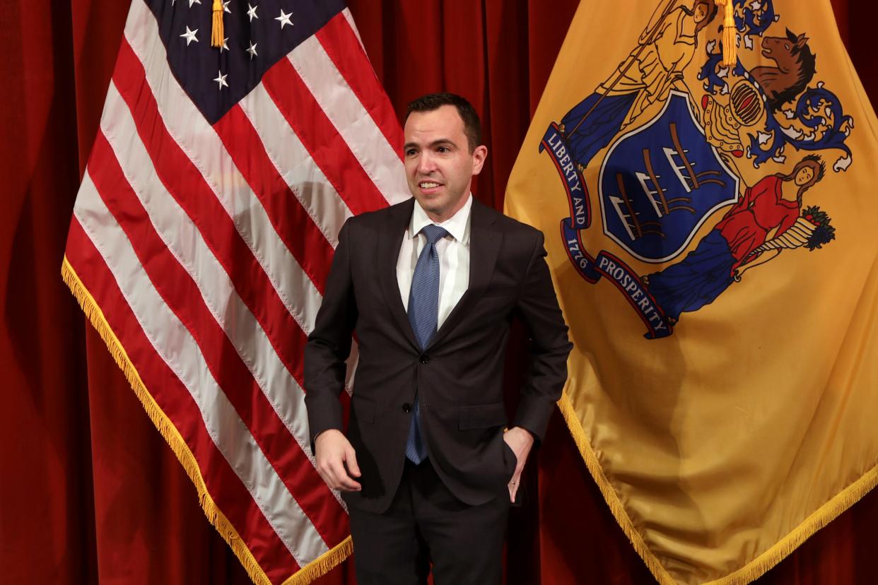 Matt Platkin is shown at the Patriot Theater, in Trenton.  Moments earlier, Gov. Murphy (not shown) announced Platkin as his nominee as the next New Jersey Attorney General. Thursday, February 3, 2022