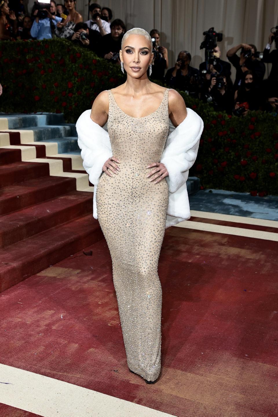 Kim Kardashian at the 2022 Met Gala wearing Marilyn Monroe’s “Happy Birthday Mr President” dress (Getty Images for The Met Museum/)