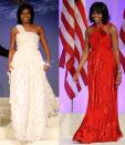 This combo image shows first lady Michelle Obama as she arrives at the Inaugural Ball in Washington on Jan. 21, 2009, left, and Jan. 21, 2013, right. Michelle Obama made it a fashion tradition Monday night, wearing a custom-made Jason Wu gown to the inaugural balls. The ruby-colored dress was a follow-up to the white gown Wu made for her four years ago when she was new to Washington, the pomp and circumstance, and the fashion press. (AP Photos/Jacquelyn Martin, Pablo Martinez Monsivais)