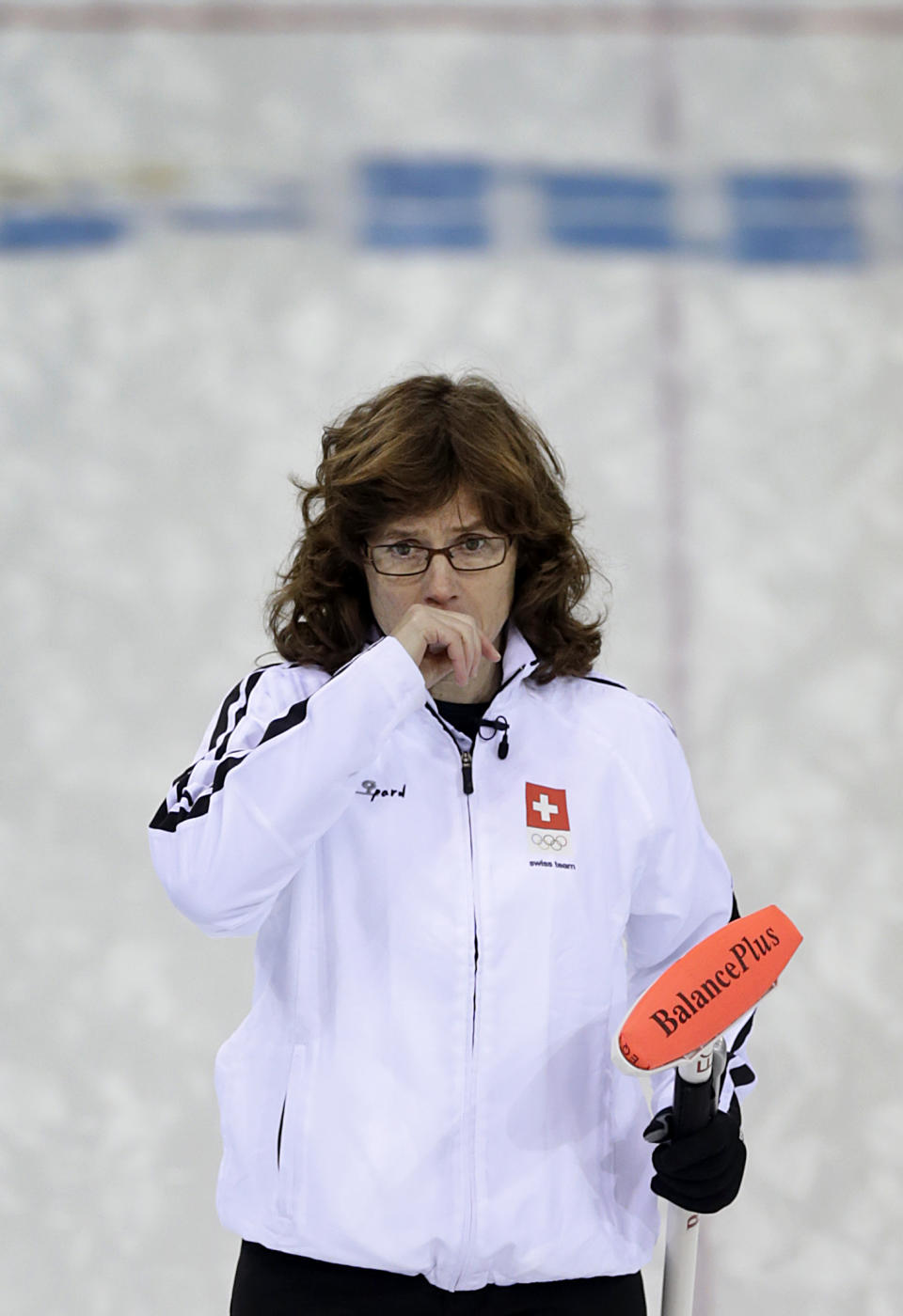 Switzerland's skip Mirjam Ott watches as the rock is delivered during the women's curling semifinal game against Sweden at the 2014 Winter Olympics, Wednesday, Feb. 19, 2014, in Sochi, Russia. (AP Photo/Wong Maye-E)