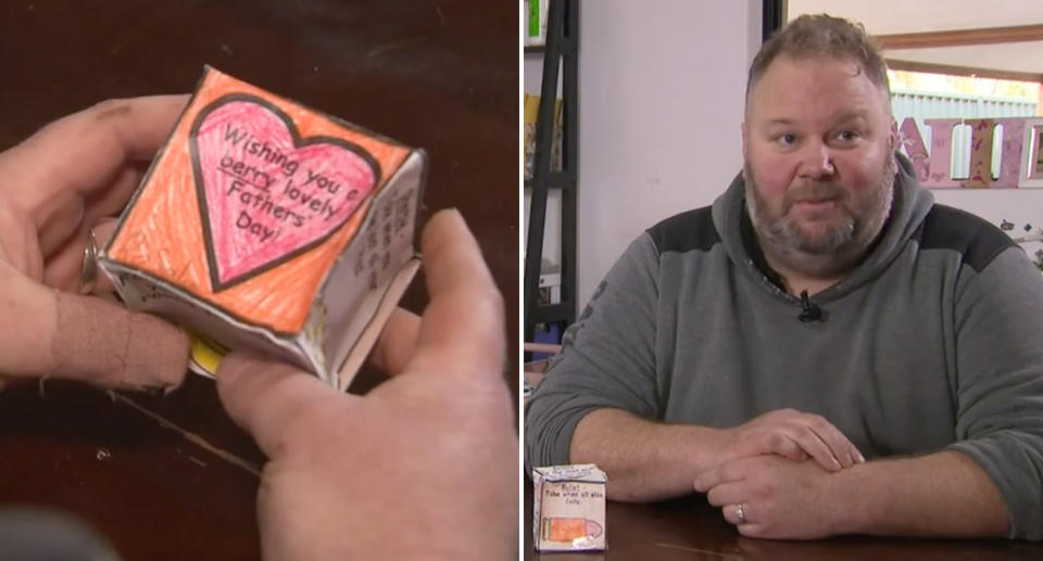 Trent Howard and the paper dice reading 'wishing you a berry lovely Father's Day'.