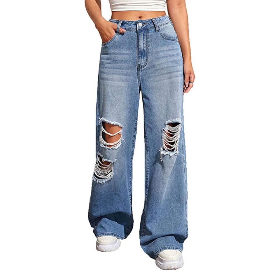 SweatyRocks Women's Casual Loose Ripped Denim Pants Distressed Wide Leg Jeans