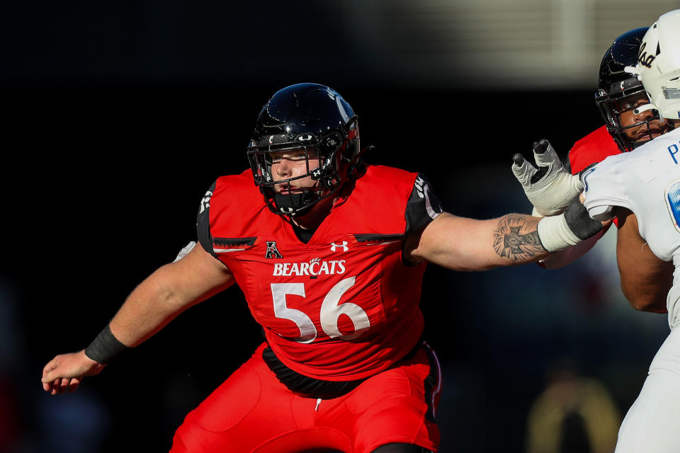 Nov 6, 2021; Cincinnati, Ohio, USA; Cincinnati Bearcats offensive lineman Jake Renfro (56) against the Tulsa Golden Hurricane in the first half at Nippert Stadium. Mandatory Credit: Katie Stratman-USA TODAY Sports