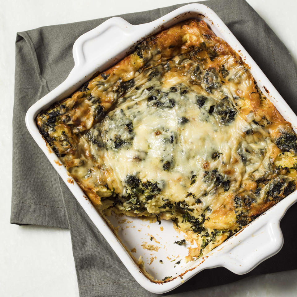 This undated photo provided by America's Test Kitchen in March 2019 shows Breakfast Strata in Brookline, Mass. This recipe appears in the cookbook “Vegetables Illustrated.” (Steve Klise/America's Test Kitchen via AP)