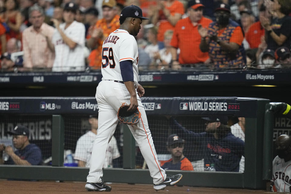 Houston Astros starting pitcher Framber Valdez leaves the game during the third inning of Game 1 in baseball's World Series between the Houston Astros and the Atlanta Braves Tuesday, Oct. 26, 2021, in Houston. (AP Photo/Ashley Landis)