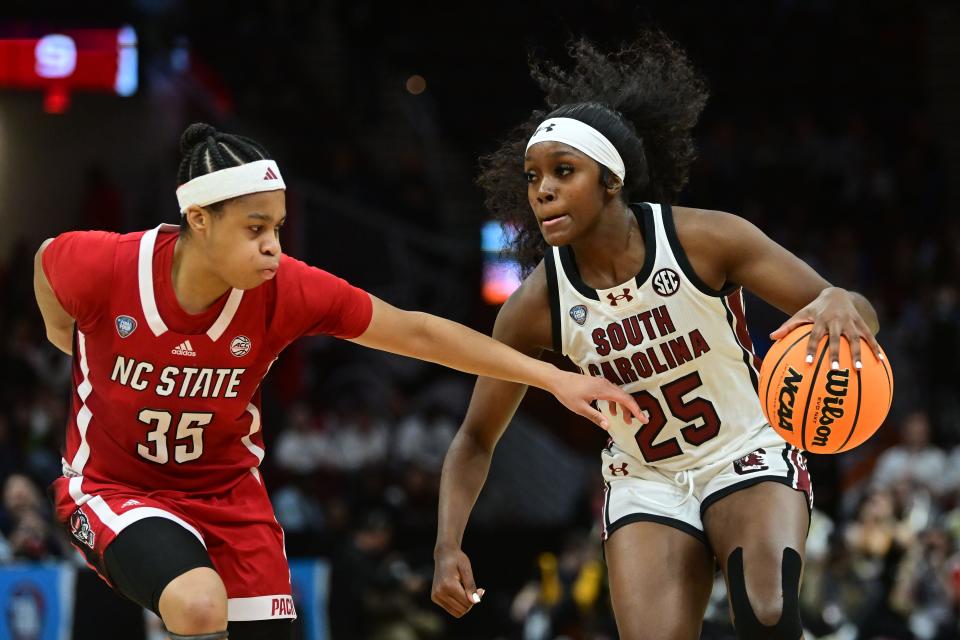 Gamecocks guard Raven Johnson dribbles past Wolfpack guard Zoe Brooks.