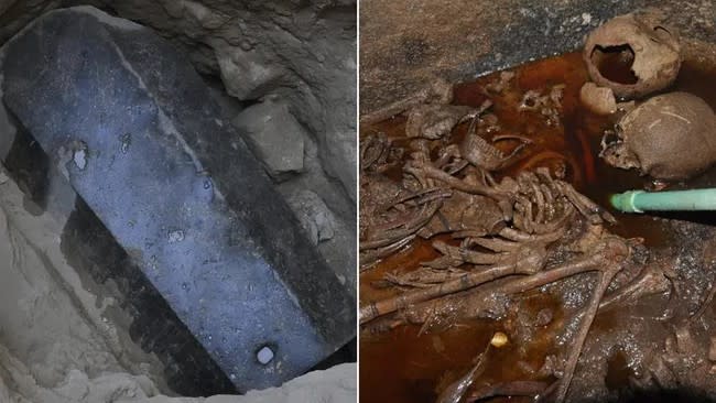 This 2,000-year-old black, granite sarcophagus was found in Alexandria, Egypt. Inside, archaeologists found a mix of sewage and skeletons.