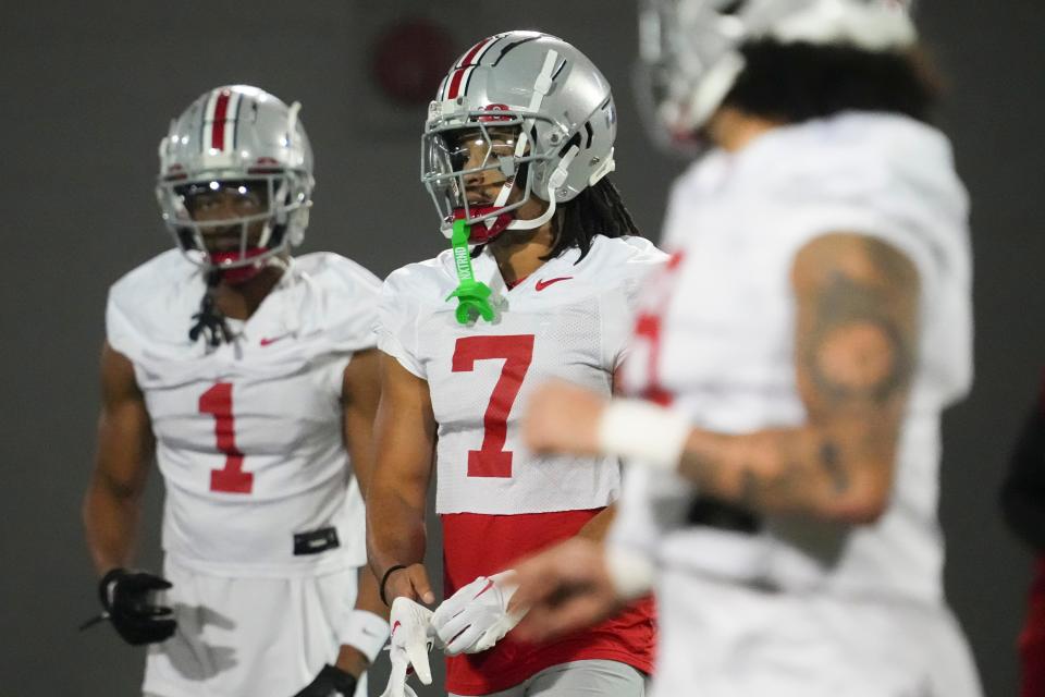 Mar 7, 2024; Columbus, OH, USA; Ohio State Buckeyes cornerback Jordan Hancock (7) works out during spring football practice at the Woody Hayes Athletic Center.