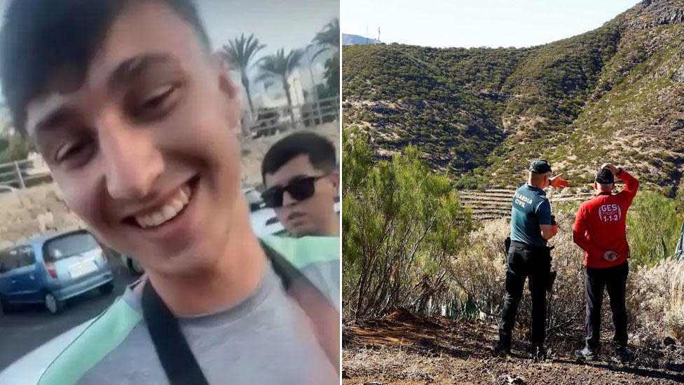 Jay Slater smiling into the camera, next to an image of Spanish rescue teams peering into a ravine