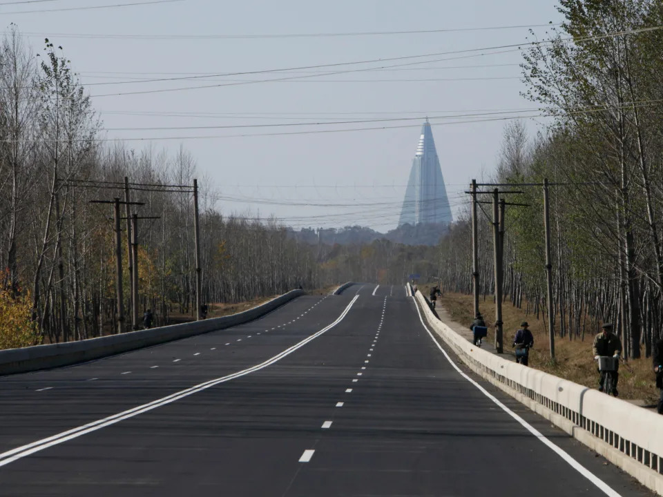 The Ryugyong Hotel seen from a road outside Pyongyang in 2011.