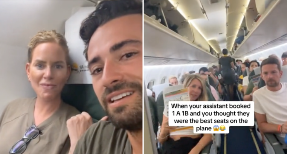 Screenshots of the TikTok showing the pair on the plane in their seats, then the view from their seats which is the rest of the cabin.