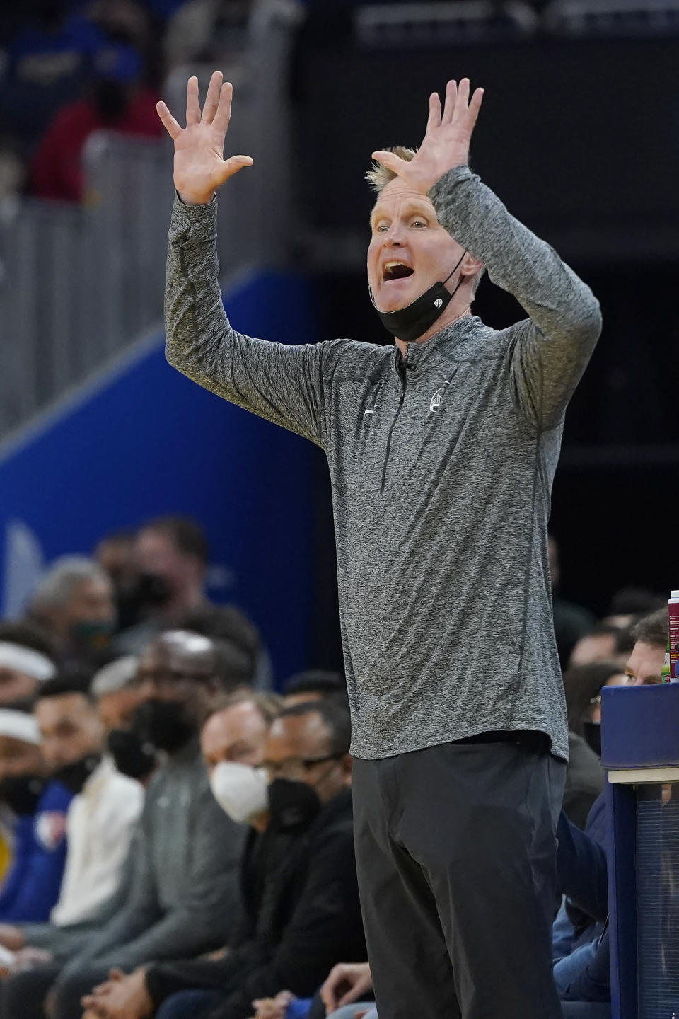Golden State Warriors head coach Steve Kerr gestures toward players during the first half of his team's NBA basketball game against the Minnesota Timberwolves in San Francisco, Thursday, Jan. 27, 2022. (AP Photo/Jeff Chiu)