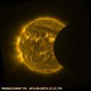 The European Space Agency's Proba-2 space weather satellite observed the annular solar eclipse on May 20, 2012. The event was used to assess the intensity of stormy "active regions" across the sun's face and to check the performance of Proba-2'