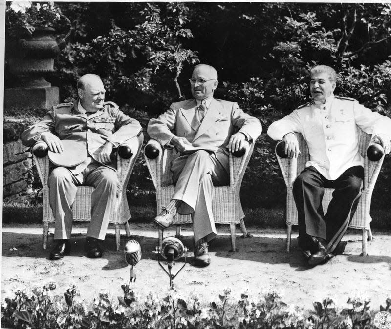 Winston Churchill, from left, President Harry Truman, and Joseph Stalin at the Potsdam Conference, July 25, 1945