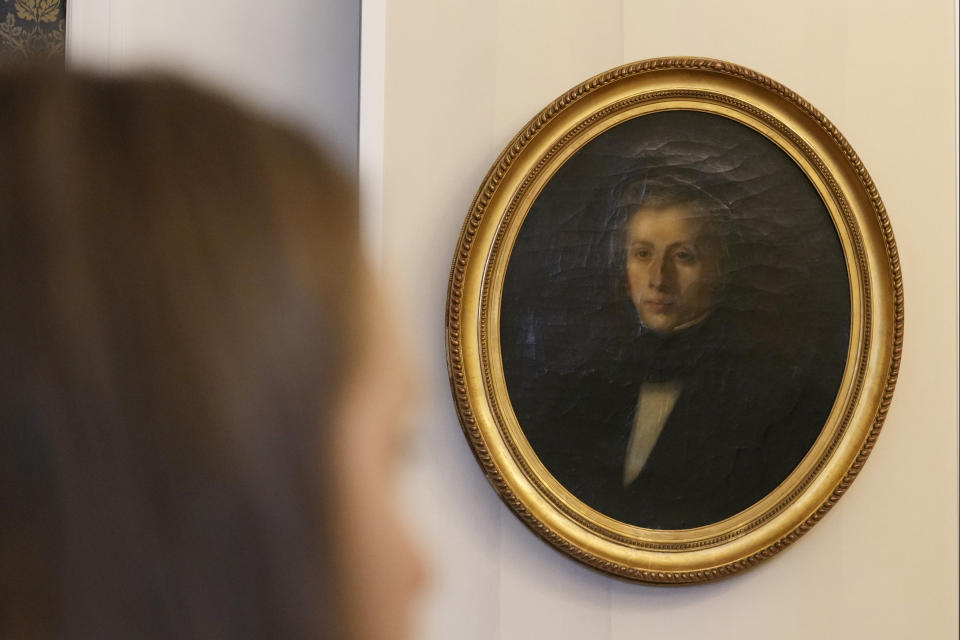 Portrait of Frederic Chopin by his friend Teofil Kwiatkowski is among new items on display at the refurbished museum of the Polish 19th century pianist and composer, which opens this week displaying also his handwritten letters, at the Frederic Chopin Museum in Warsaw, Poland, Thursday, April 27, 2023. Popular among Poles and foreign tourists, the museum to Poland’s greatest 19th-century musician closed in the fall of 2022 for the renovation and rearrangement works. (AP Photo/Czarek Sokolowski)