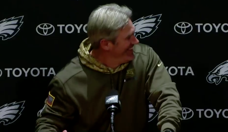 Doug Pederson finds your “premature explosion” questions quite funny. (Screen shot)