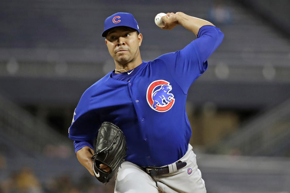 FILE - In this Thursday, Sept. 26, 2019, file photo, Chicago Cubs starting pitcher Jose Quintana delivers during the first inning of a baseball game against the Pittsburgh Pirates in Pittsburgh. Quintana is back in time to help the Cubs’ playoff push. The NL Central-leading Cubs will activate the veteran left-handed pitcher and start him against the Pirates. Injuries have dogged Quintana for much of the season. (AP Photo/Gene J. Puskar, File)