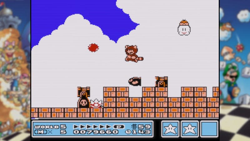 Tanooki Mario dodges Bullet Bills. 